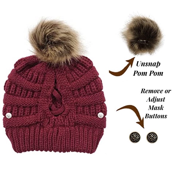 Red Knit Criss Cross Ponytail Pom Pom Beanie - Picture 5 of 15